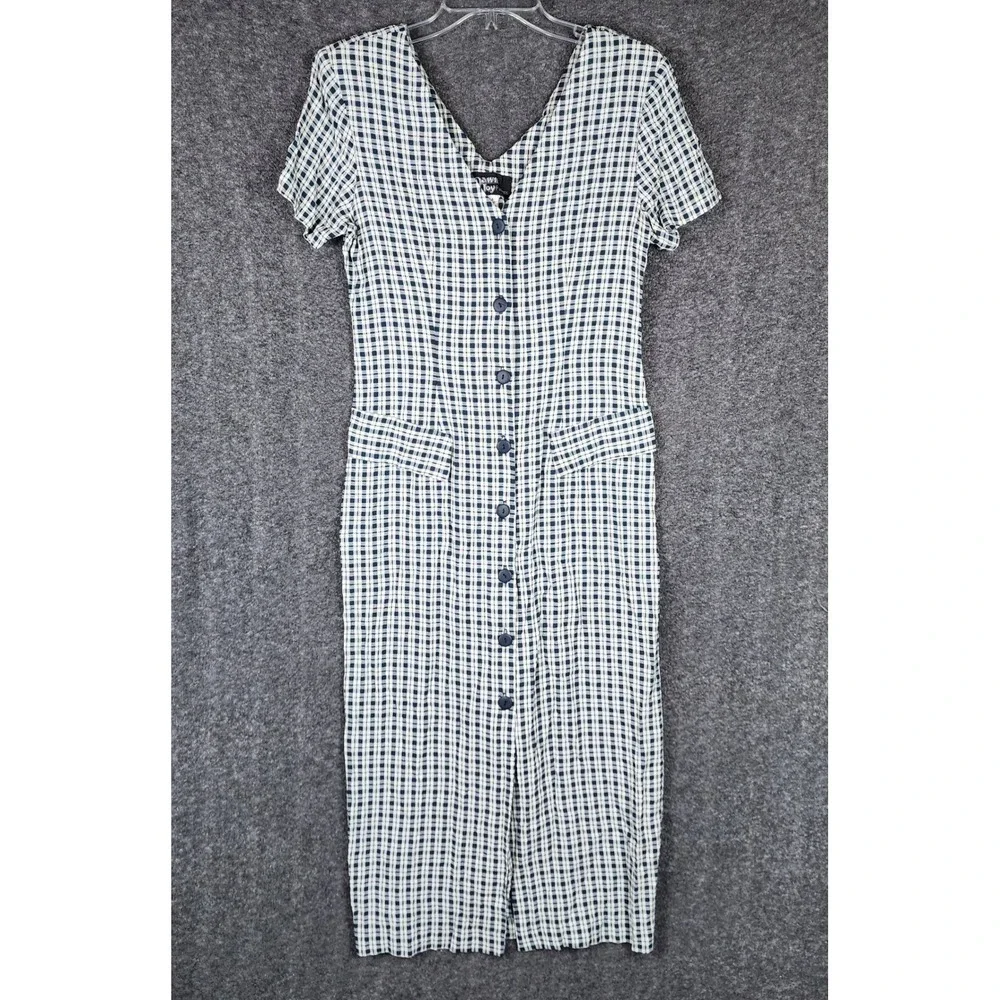 Dawn Joy Dress Womens 7-8 Vintage 4843 Navy Blue Gingham Button Front EUC